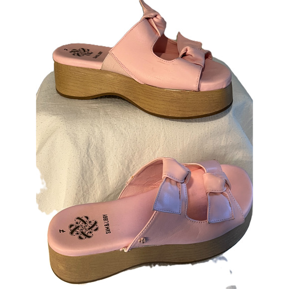 Sam Libby Sandals Womens 7 Pink Slip On Slides Double Bow Platform 2" Heel - Picture 4 of 9